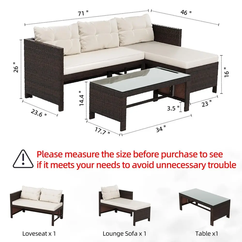 

3Piece Outdoor Patio Furniture Sets, Wicker Patio Conversation Sets, All Weather Wicker Rattan Patio Seating Sofas with Glass C