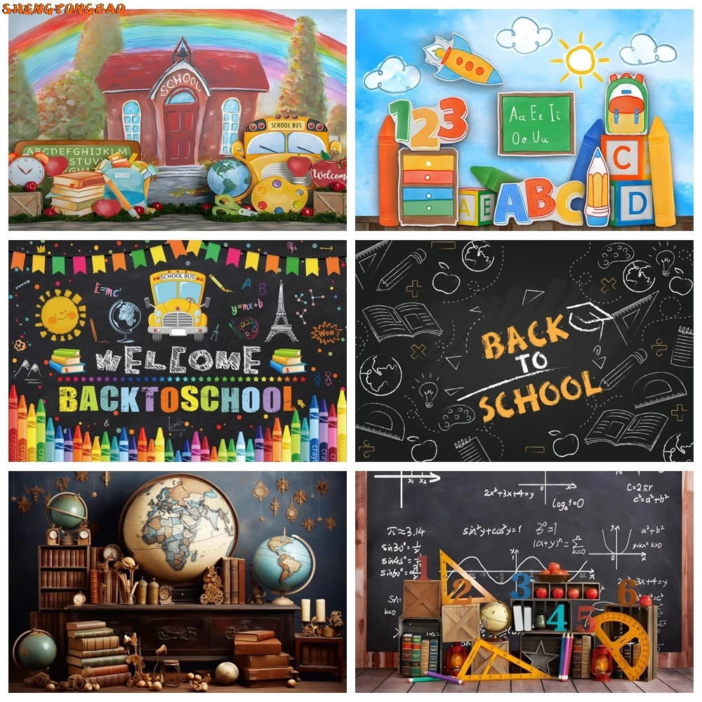 Back To School Backdrop Blackboard Book Pencil First Day of Preschool Chalkboard Classroom Children Photography Background Props