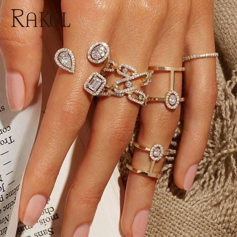 RAKOL Fashion Geometric Cubic Zirconia Open Rings for Women Fashion Square Adjustable Ring Anniversary Party Jewelry Gift