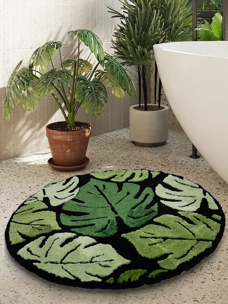 

Round Green Monstera Tufted Rug Area Rug Tropical Leaf Plush Rug for Living Room Bathroom Home Fluffy Boho Plant Bath Mat