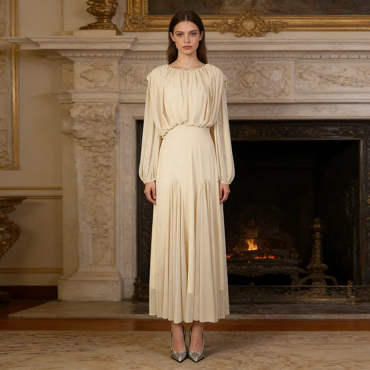 2026 Neues Modisches Lässiges Rundhals-Langarmkleid mit Loser Passform und Plissee in Einfarbigem Design für Damen – Detail 6
