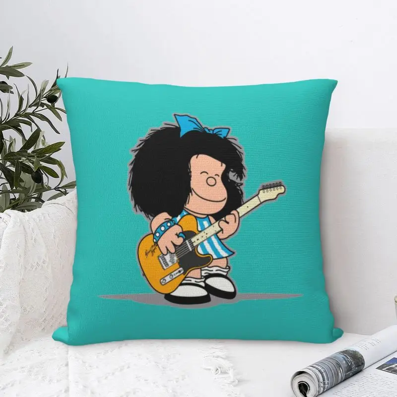 Custom Mafaldas Playing Her Guitar Cushion Covers Quino Kawaii Cartoon Velvet Nordic Throw Pillow