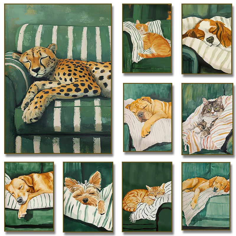 1pc framless Canvas Painting Relaxing Dog on Striped Blanket Poster Pet Lover Gift,Emerald Green Cat Sofa with Cheetah Canvas