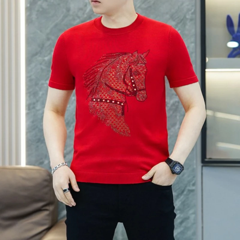 

2026 Luxury Horse Rhinestone Sweater for Men Short Sleeve Casual Knitwear Tops Fashion Slim Fit Pullovers Social Men's Clothing