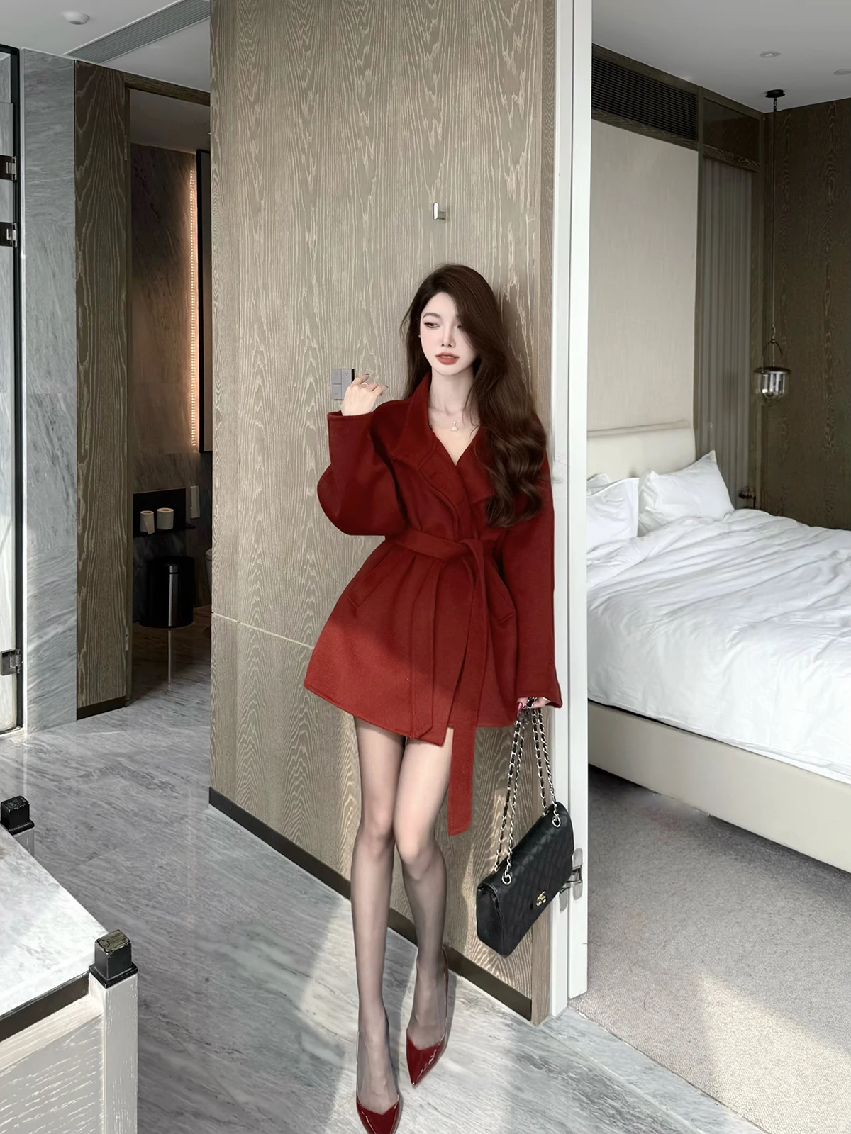 

JustQin Y Miss 2025 Winter Woolen Double-Faced Red Coat Medium-Length Women's Outerwear Thi Long Sve Belted No Ironing