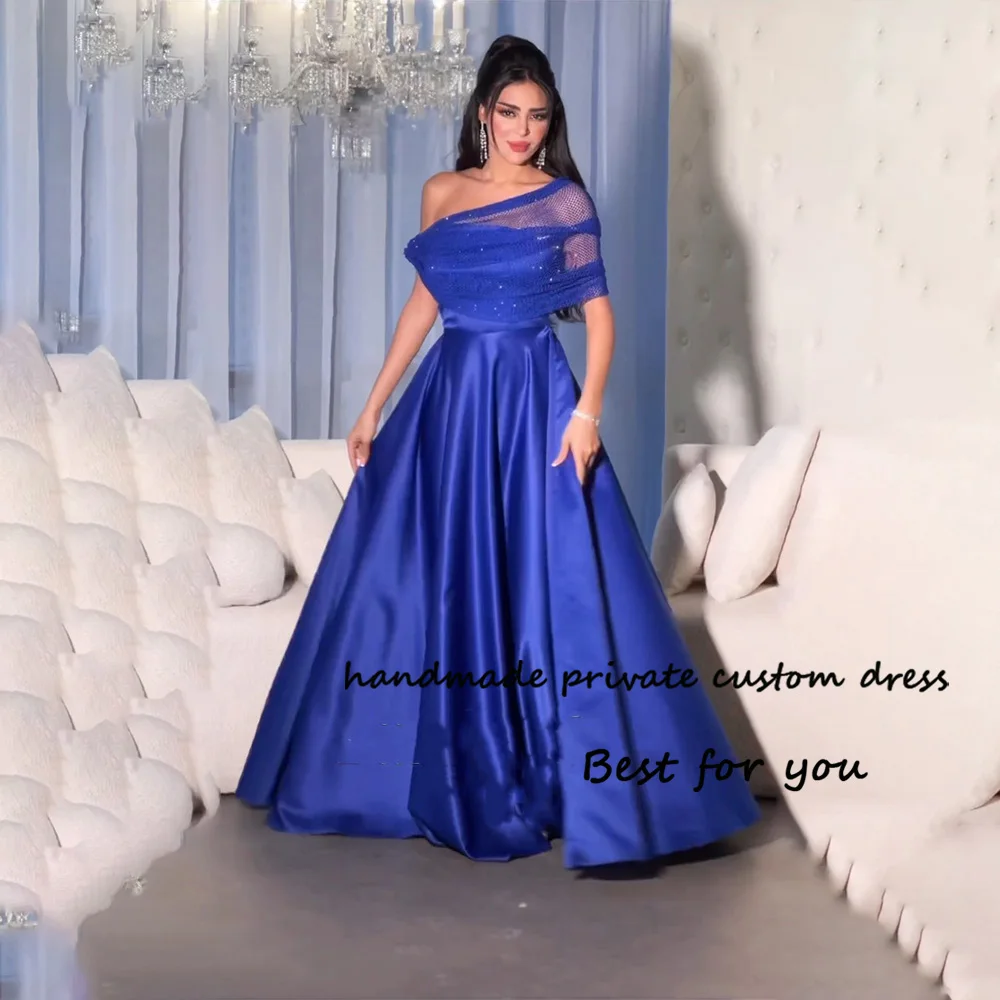 

Blue Satin A Line Evening Dresses for Women Sequins Off Shoulder Dubai Arabia Prom Party Dress Long Women Evening Gowns