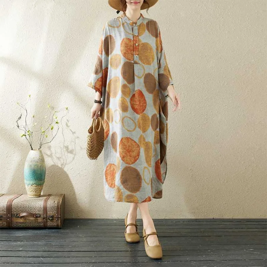 

【New style】Summer new temperament, literature, retro linen and linen printed stand collar, loose, ultra-long and large-size vac