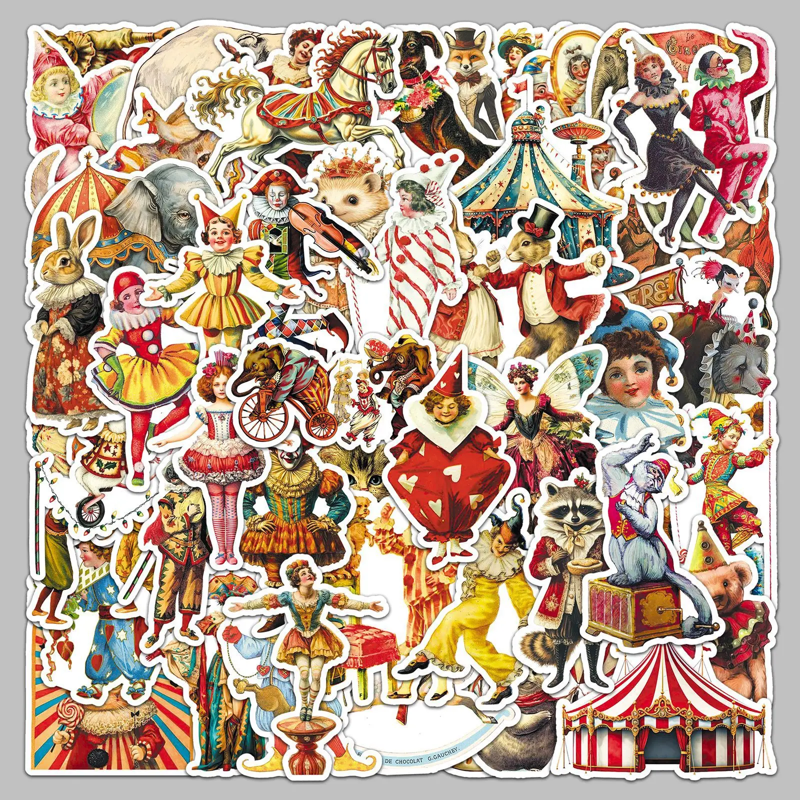 

50PCS Victorian Retro Circus Stickers Retro Clown Carnival Animal DIY Decorable Diary Water Cup Waterproof Stickers Kids Toy