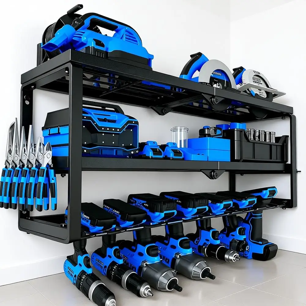 

Трехуровневая металлическая стойка для инструментов с 7 держателями для дрелей, грузоподъемность 300 фунтов, для гаража, мастерской, хранения на перфорированной доске
