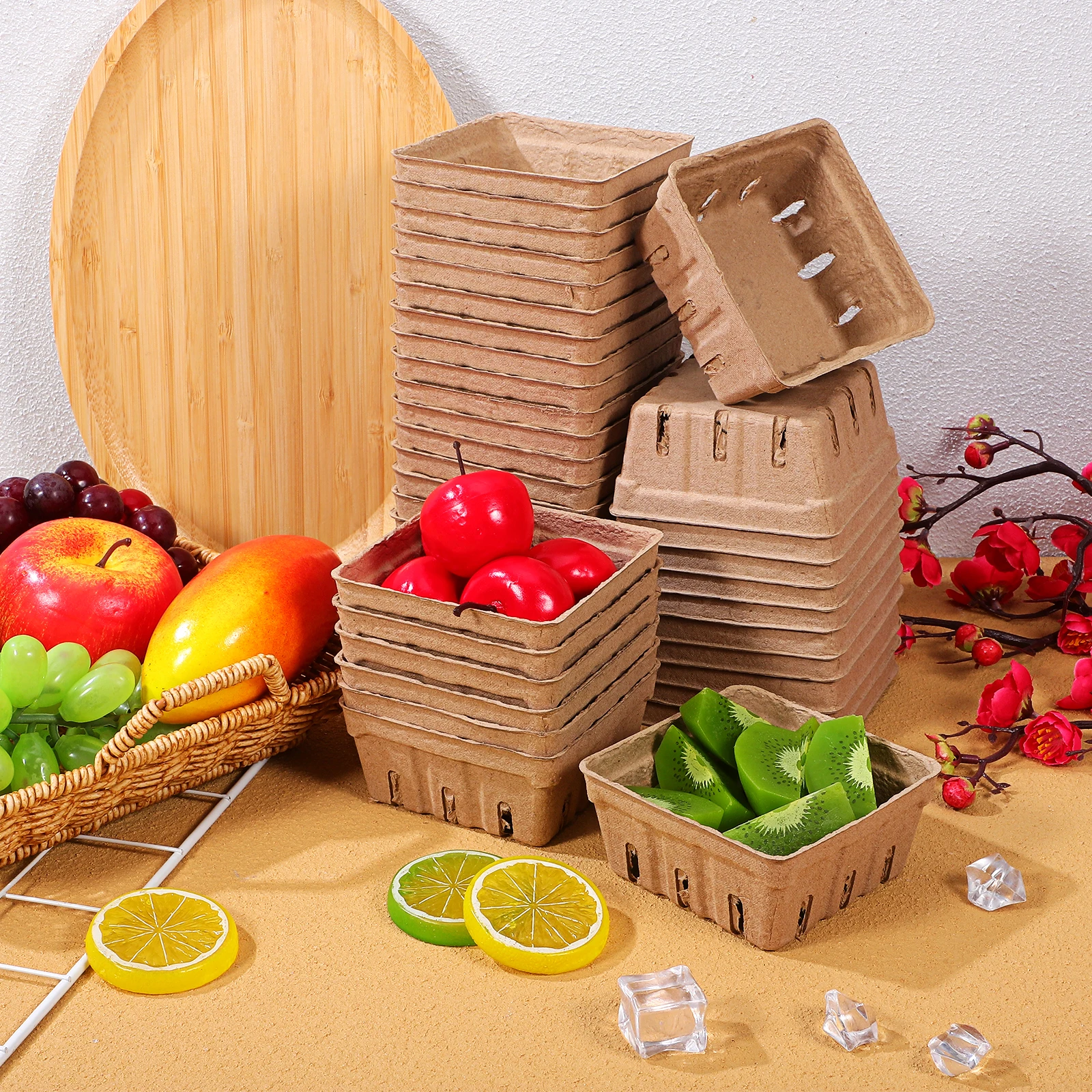 50 шт., корзина из бумажной целлюлозы, деревенский дизайн, контейнер для фруктов для домашнего декора кухни, свадебная вечеринка, пикника, корзина для хранения ягод