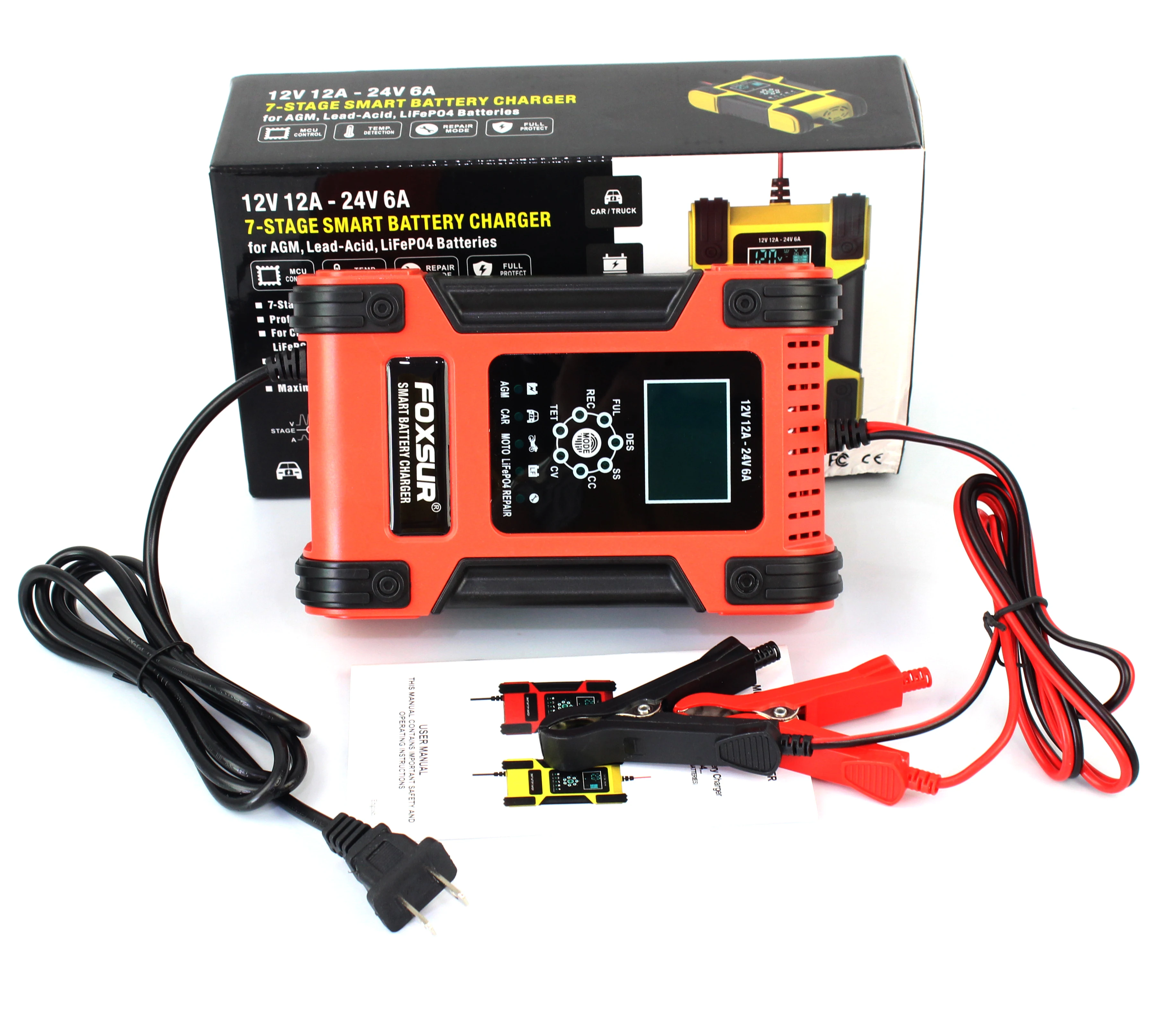 FOXSUR Smart Car Battery Charger 12V 24V 12A Automotive Motorcycle Boat LiFePO4 AGM GEL Lithium Lead Acid Fast Repair Desulfator