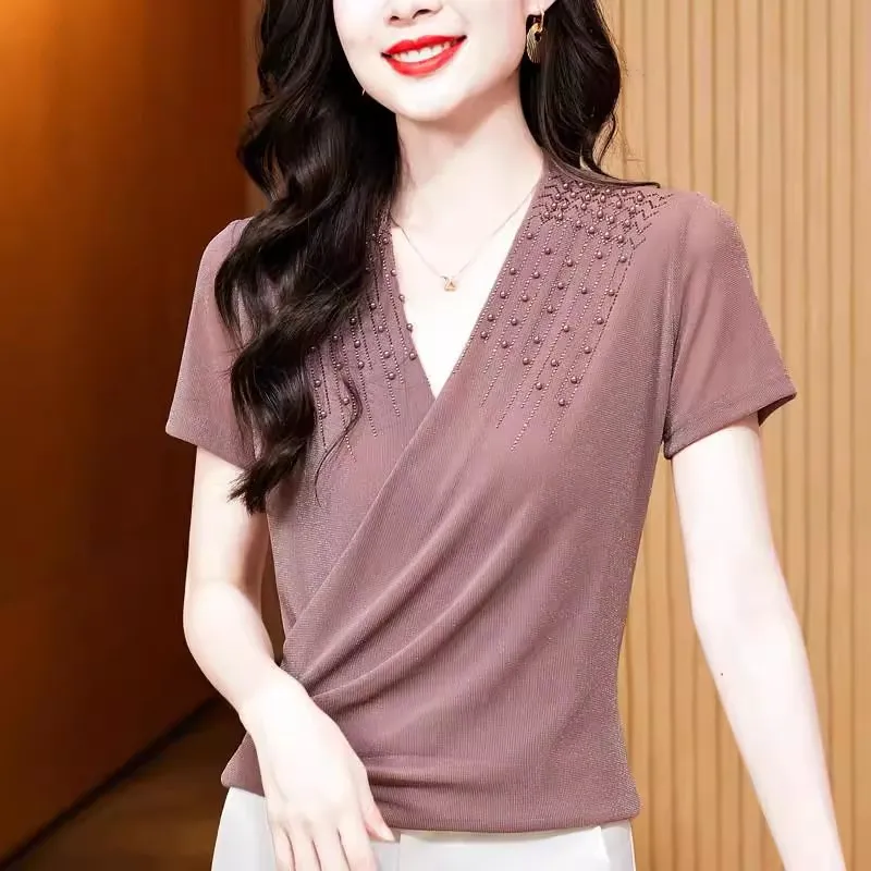 High Quality Cross V-neck Rhinestone Beaded Mesh T-shirt For Women's Short Sleeved Solid Color Summer Top Female Clothing