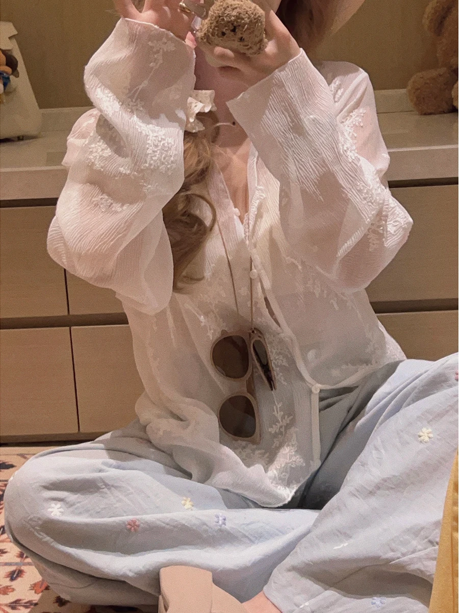 

Yukiss Embroidered Sheer Chiffon Camisole Dress Women's Thin Long Sleeve Shirt Style Inner Wear Transparent Design