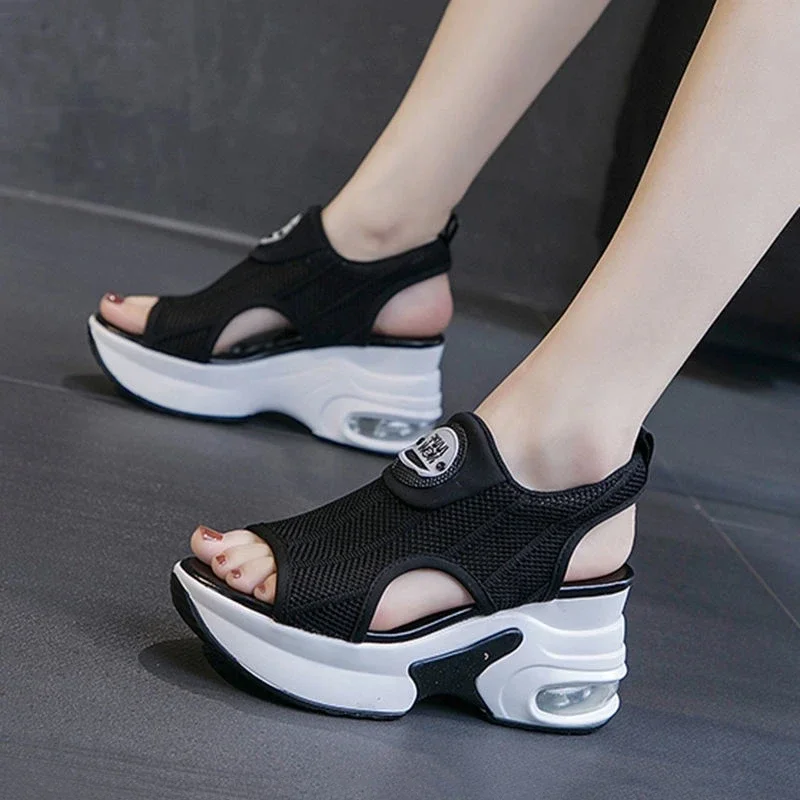 Retro Black Mesh Platform Sandals Korean Peep Toe Hollow Wedges Heighten Shoes 8cm Summer New Non-Slip Air Cushion Tennis Shoes