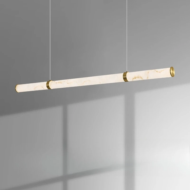 

Italian light luxury restaurant chandelier marble all-copper dining table bar island table designer sense of long strip lamps