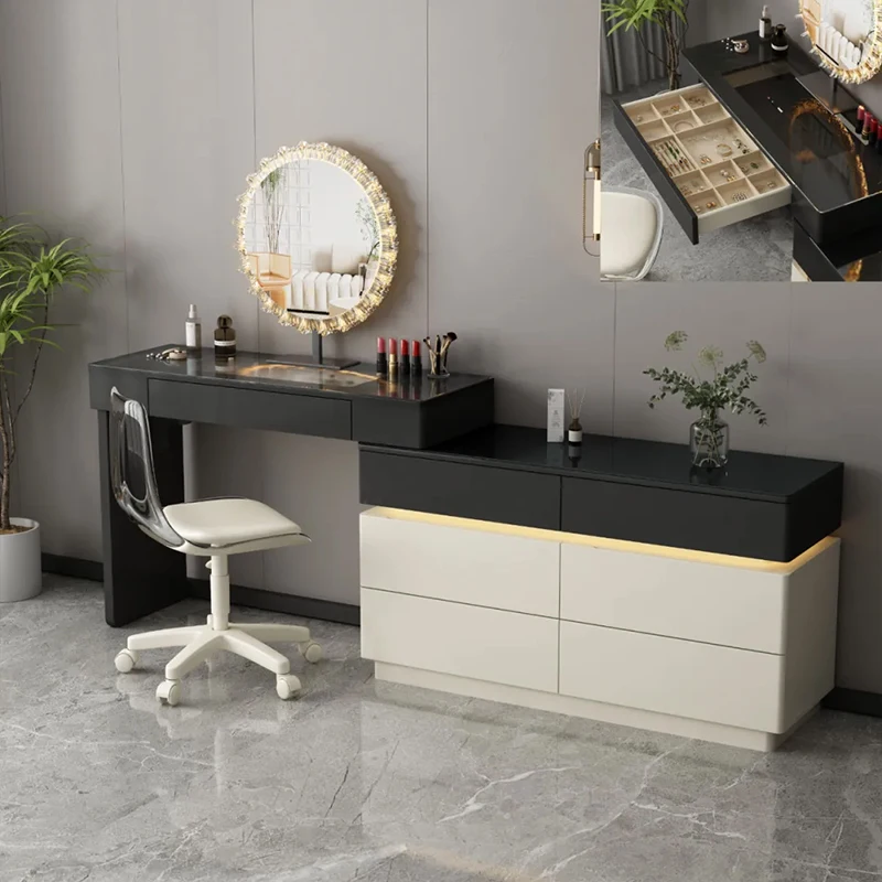 dl- Bedroom Furniture Dressing Table Round Lighted Mirror Vanity Desk With Hidden Storage Countertop Light and Rotating Chair&
