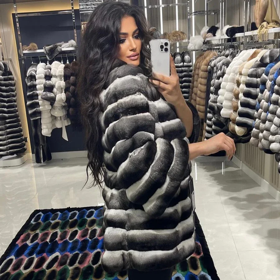 Genuine Rex Rabbit Fur Jackets Winter Clothes Women Chinchilla Colored Rabbit Fur Coat Warm Luxury