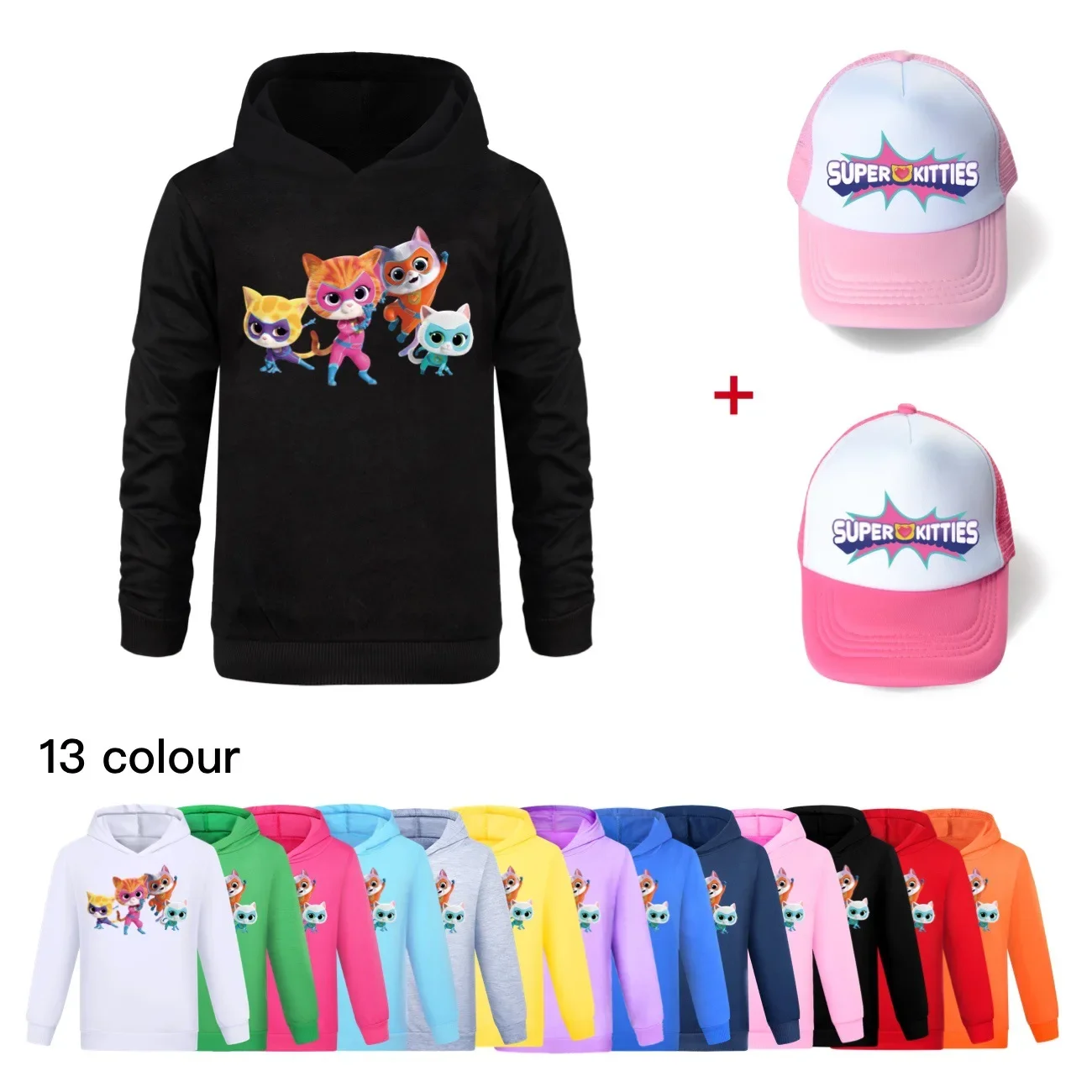 

Superkitties Hoodie Kids Cartoon Super Kitty Clothes Baby Girls Hooded Sweaters & Sunhat Children Fashion Pullover Sweatshirts