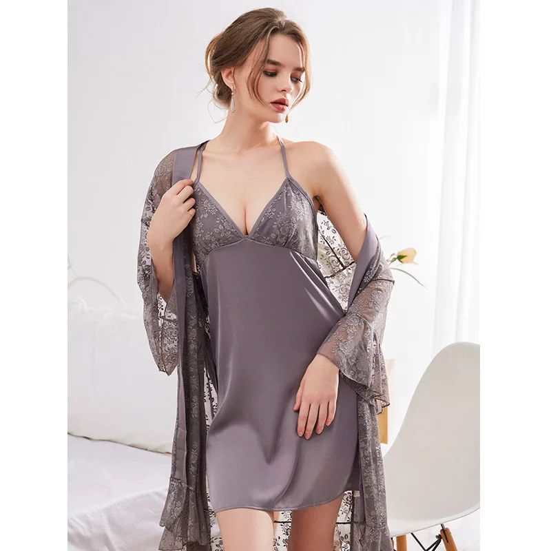 

Women's Pajamas Set Ice Silk Slip dress nightdress Lace Transparent Robe Nightwear Sexy Deep V-Neck Nightgown Backless homewear