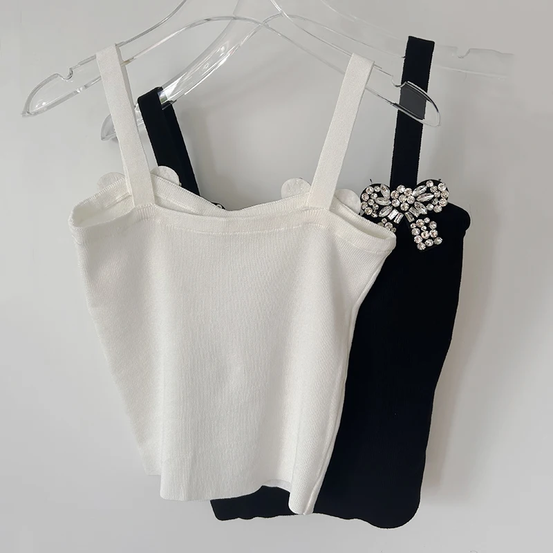 Canotta lavorata a maglia Single-Wear con fiocco da donna 2024 Summer New Skinny Slimming All-Matching Short Top White Y2k Slings Clothes