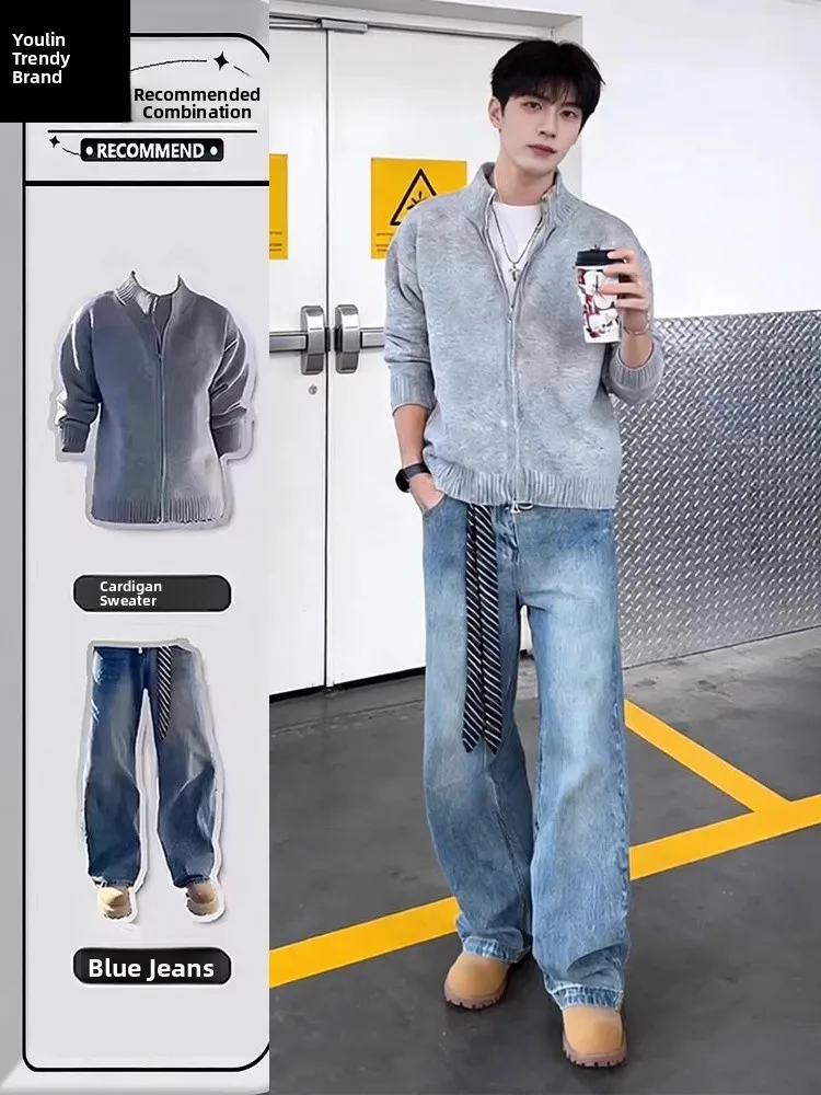 

ay Open Cardigan Sweater Men's Lazy Sle Clete Set Cleanfit Stand Collar Knitted Jaet Soft Polyester Long Sve Spri...