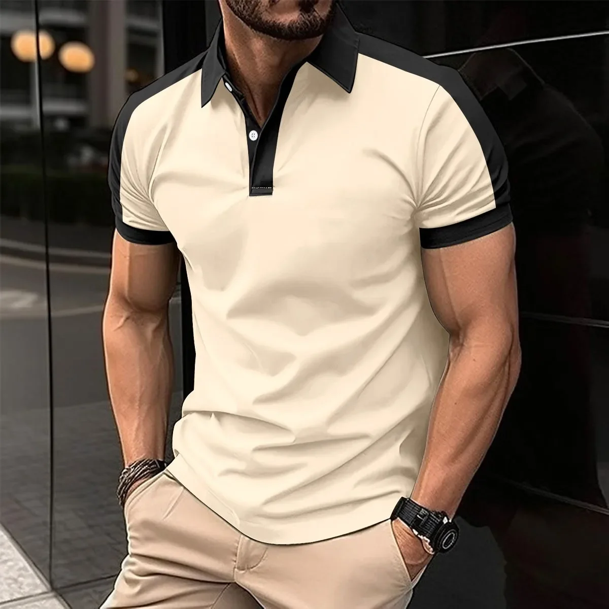 Men's Color Block Short Sleeve Polo Shirt- Contrast Collar Raglan Sleeve Casual Golf Top
