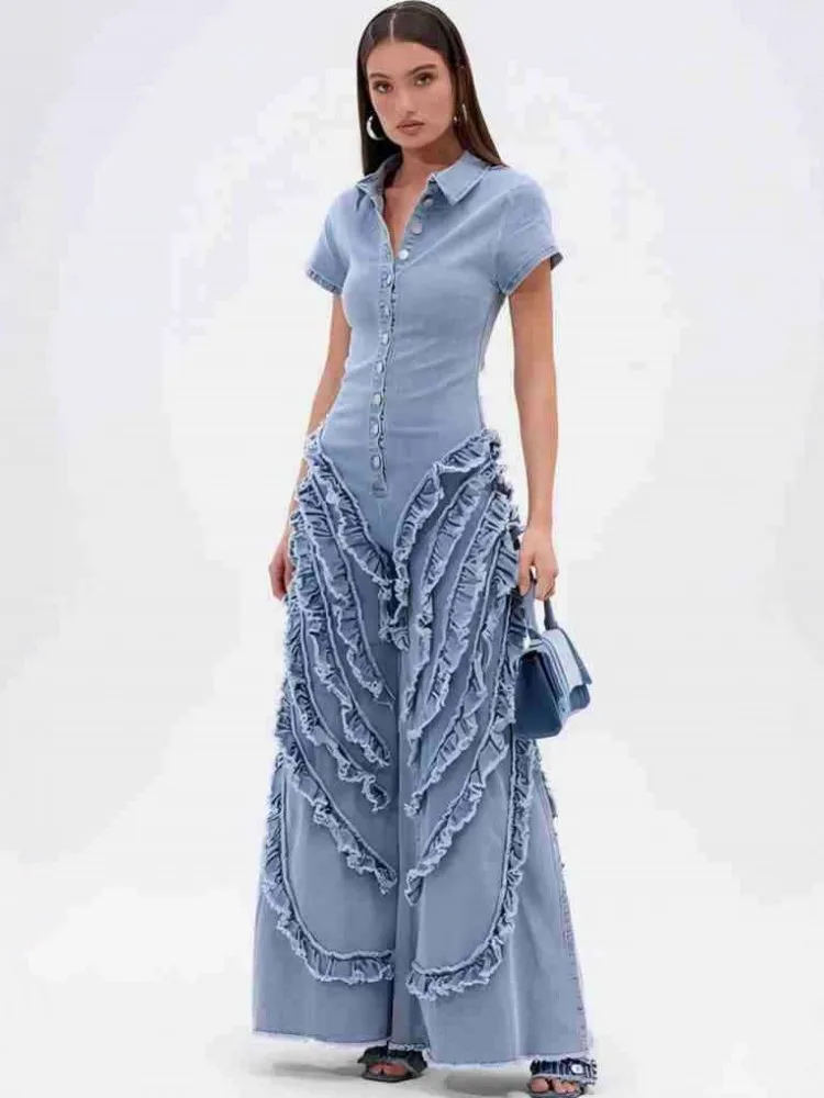 솔리드 컬러 여성 점프수트 데님 진 반팔 루즈핏 패션 스트리트웨어 오버올 와이드 레그 팬츠 트라우저 2025