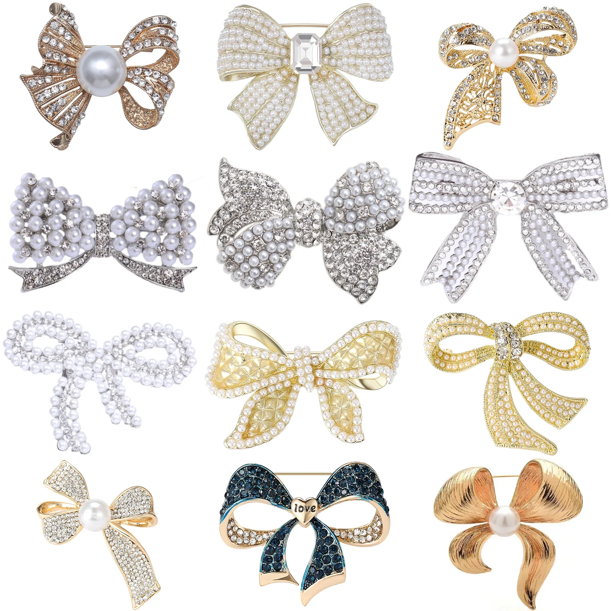 Rhinestone Bow Brooches for Women Unisex Pearl Bow Knot Pins Office Party Friend Gifts Jewelry Accessories