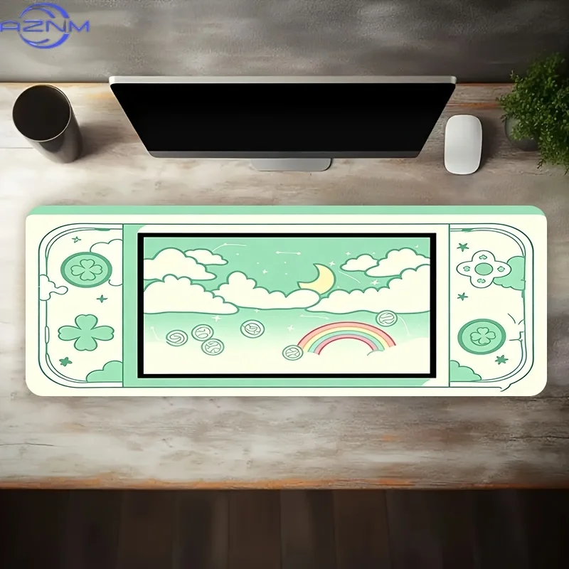 1pc Large Size Esports Gaming Mouse Pad, Light Green Handheld Console Frame Cloud Rainbow Four-Leaf Clover Cartoon Drawing, Non-