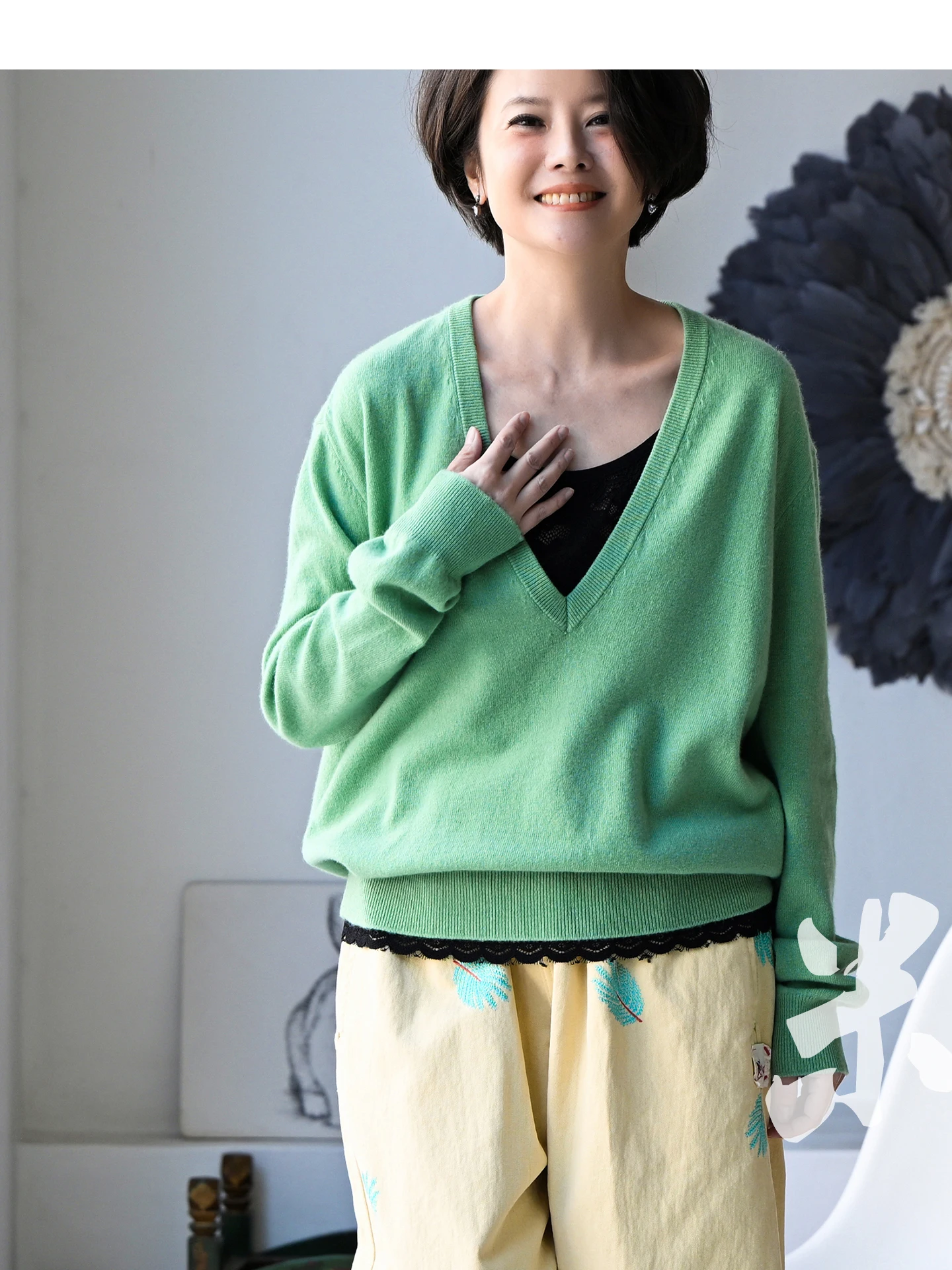 

Green Pure Wool Knitwear V-Neck Spring Women's Fashion Milan Declaration Artistic Style Long Sleeve Casual Loose Fit