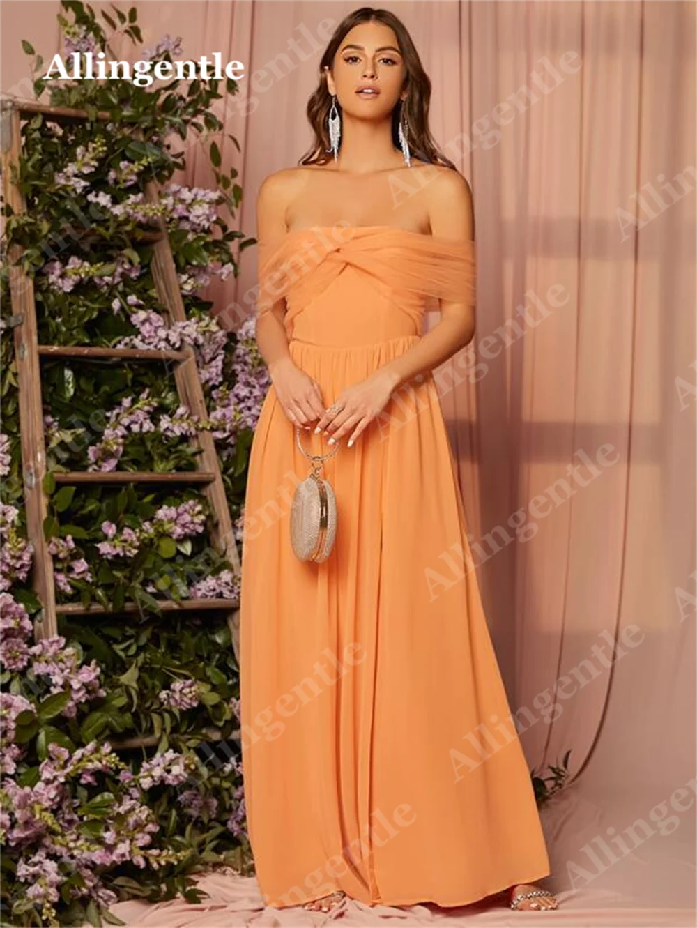 Allingentle-vestido de dama de honor naranja con hombros descubiertos, vestido fruncido con abertura lateral hasta el muslo, línea A, gasa, noche, graduación, fiesta, largo hasta el suelo