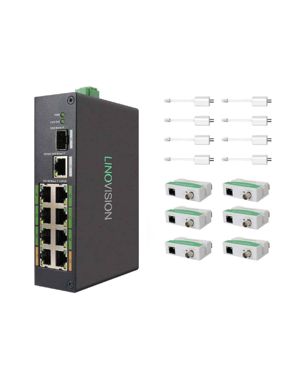 

Industrial 8-Port EOC & POE Switch with 6pc EOC Transmitters, Long Reach PoE over Coax or UTP Cable, Simplified Wiring