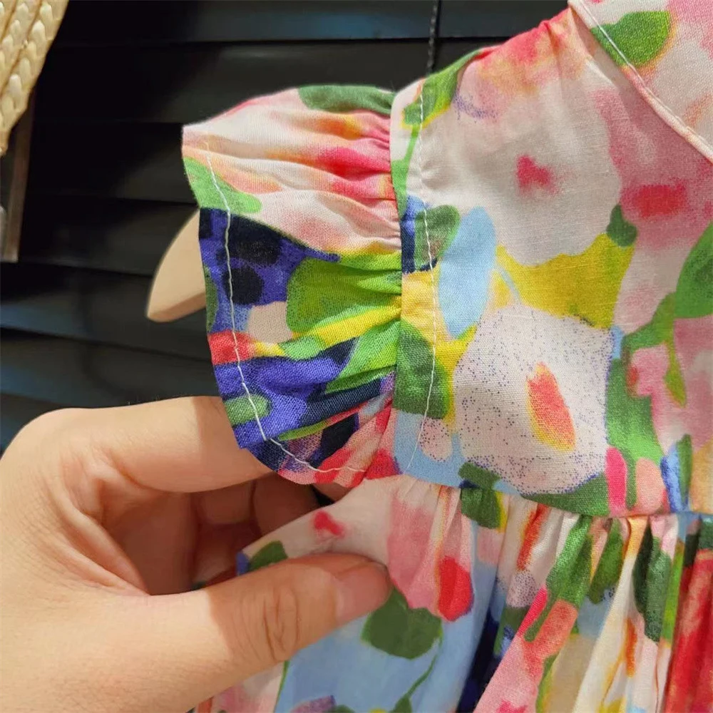 Bear Leader Girls' Dress 2026 Summer New Girls' Round Neck Flower Print Flying Sleeve Dress Fashion Children's Print Dress