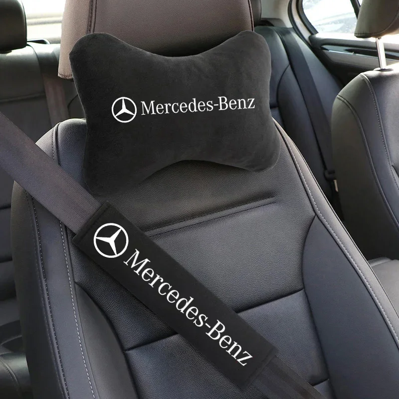 Für Mercedes-Benz mit Logo, hochwertige, weiche Auto-Kopfstützenbezüge aus Wildleder, Nackenkissen, ein Paar Sicherheitsgurt-Schulterpolster