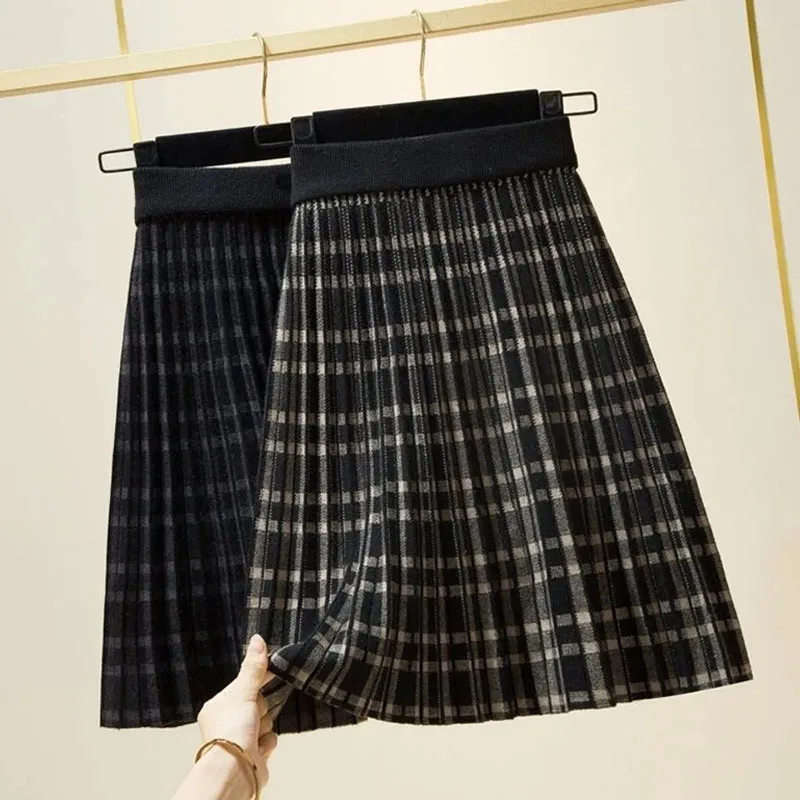 Vintage Plaid Knitted Skirs for Women Autumn Winter Elastic High Waisted Slimming Pleated Skirt Harajuku Streetwear A-Line Skirt