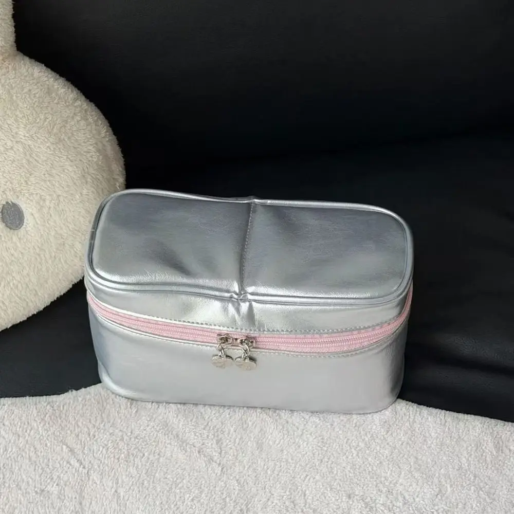 PU Leather Silver Makeup Bag Large Capacity Multi-functional Cosmetic Storage Pouch Waterproof Detachable