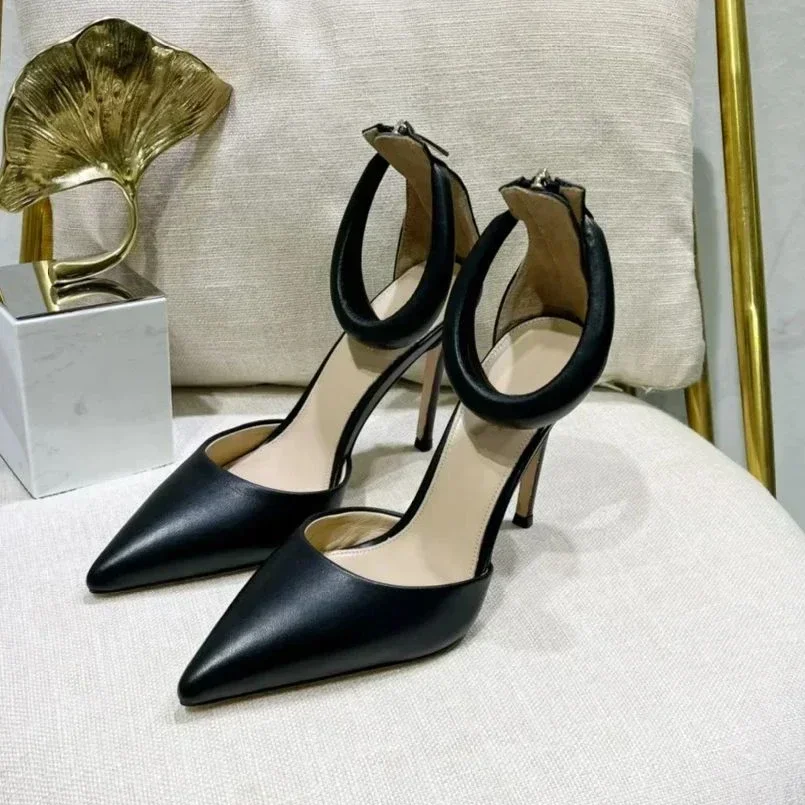 

Summer High Heels Women's Thin Heels Shallow Mouth Baotou Sandals Bag Heel Back Zipper Feet Loop Hollow Pointed Single Shoes