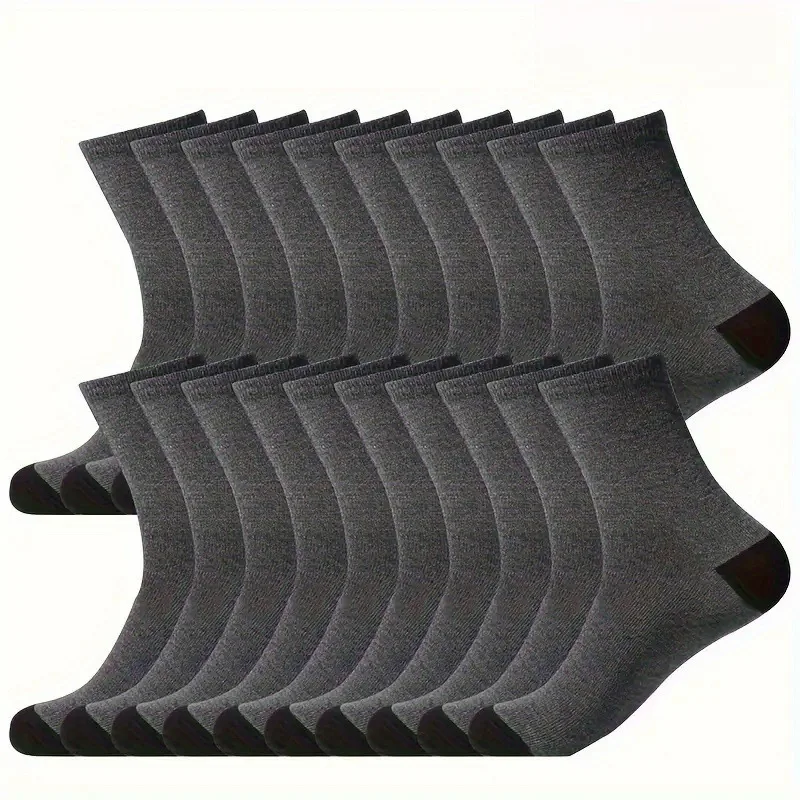 10 Pairs Men Solid Color Round Neck Work Socks Breathable Sweat Absorbing Simple Style Outdoor Sports All Season Casual Socks