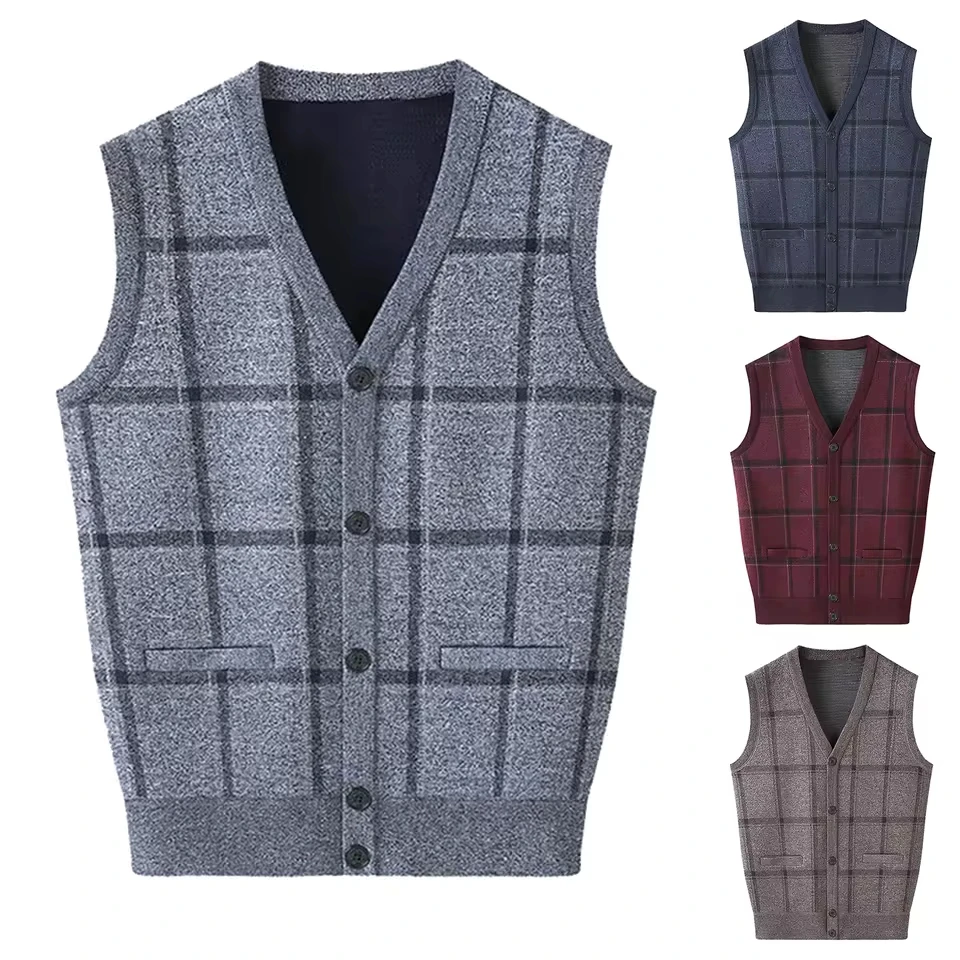 Korean Fashion Cotton V-Neck Sweater Mens Winter Casual Fashion V Neck Sleeveless Knit And Fleece Vest Sweater Pullovers Herren