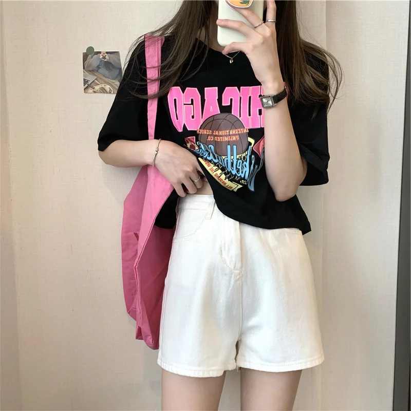 American Sle Loose Cotton ort Sve T-irt Women's plus Size Casual Comfortable Summer Top Faionable Korean round Nec...