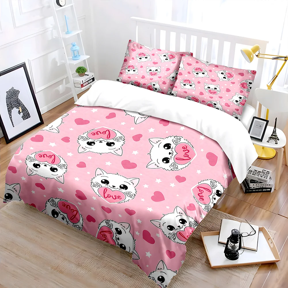 Pink background cats and hearts Print Bedding Set 1 Duvet Cover 2 Pillowcases for Adult and Children Luxury Gift Full Size
