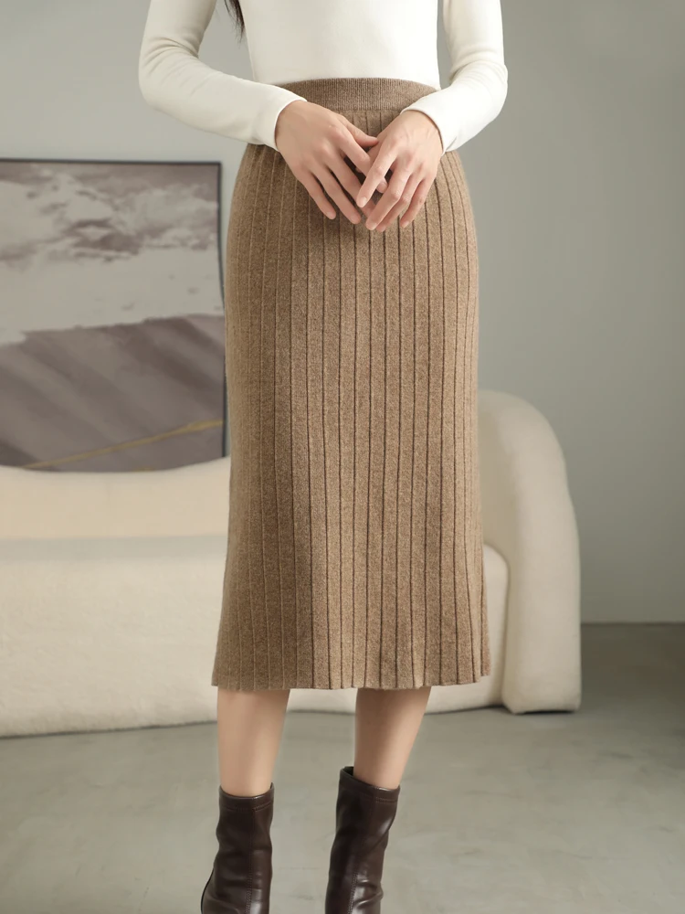 CHICUU Women Wool Skirt Autumn Winter Cashmere Pleated Skirt High Waist Grace Style Office Lady Dress 100% Merino Wool Knitwear