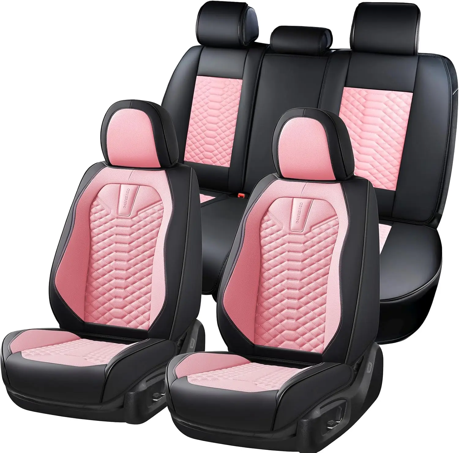 

Seat Covers Full Set, Waterproof Nappa Leather Seat Covers for Cars, 5 Seats Universal Car Seat Protectors, Black and Pink Leath