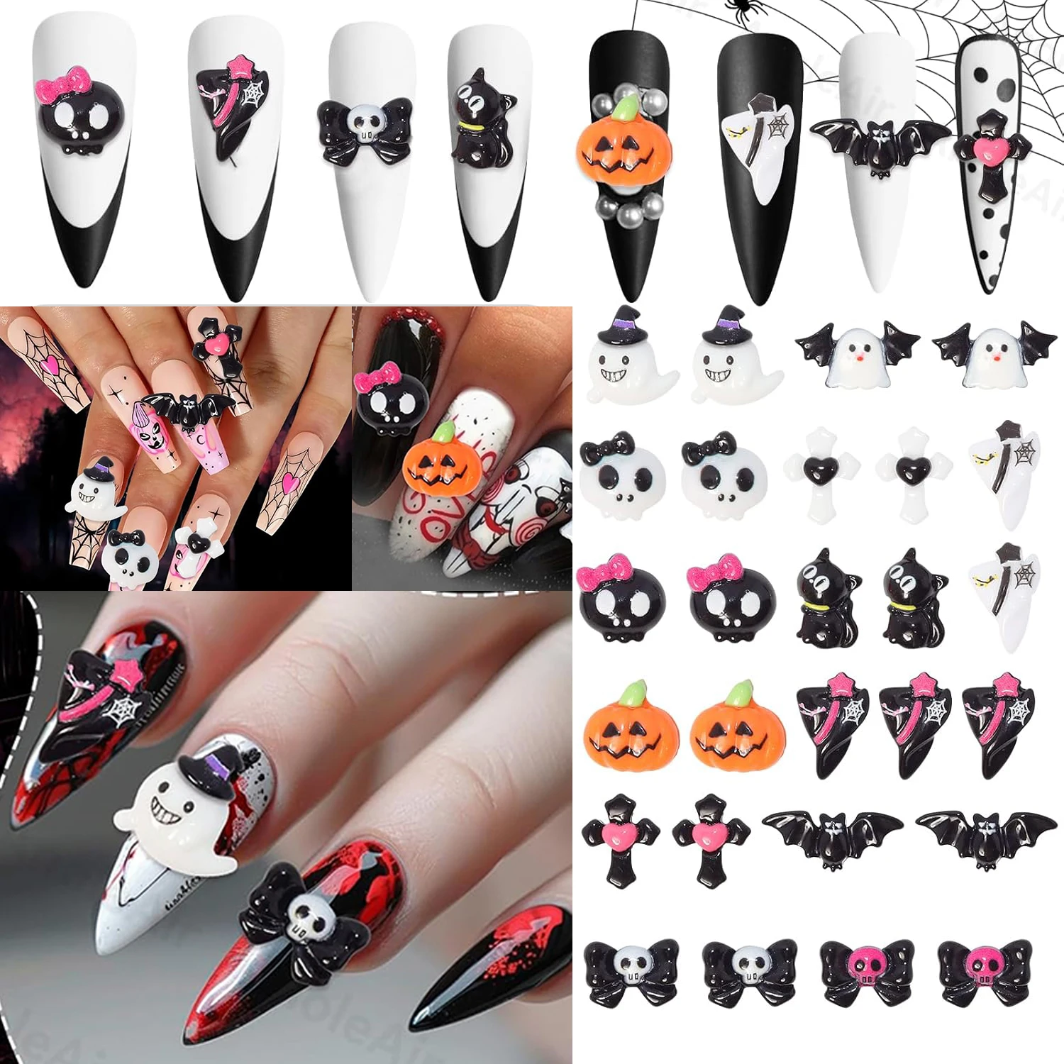 30 Uds. De dijes de uñas 3D mezclados para Halloween, Vintage, Punk, araña, calavera, calabaza, fantasma, murciélago, decoraciones, suministros de dijes de uñas góticos oscuros
