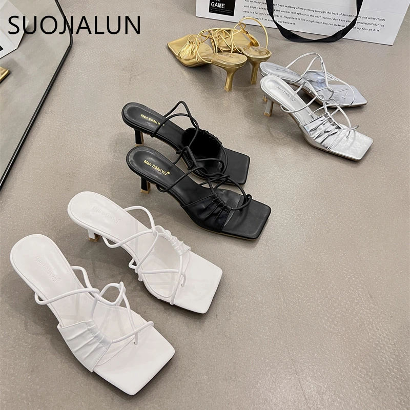 SUOJIALUN 2023 Summer Narrow Band Women Slipper Fashion Square Toe Slip On Sandal Shoes Thin High Heel Dress Sandal Shoes Slides