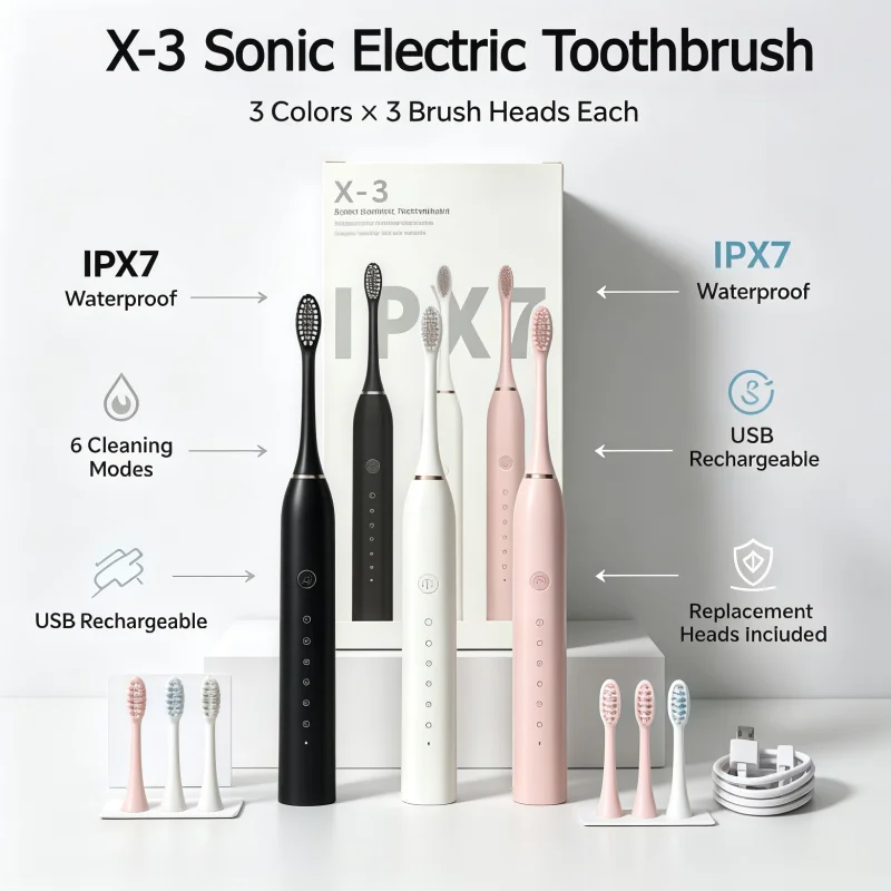 2026New X-3 Electric Toothbrush USB Rechargeable Tooth Brush For Adult 6 Clean Modes Washable Teeth Whitening and Cleaning Brush