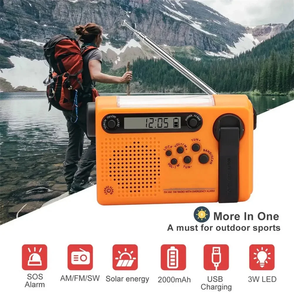 2000mAh Power Bank Solar Hand Crank Radio ABS Material Construction Compact Size Radio Customizable Sleep Timer