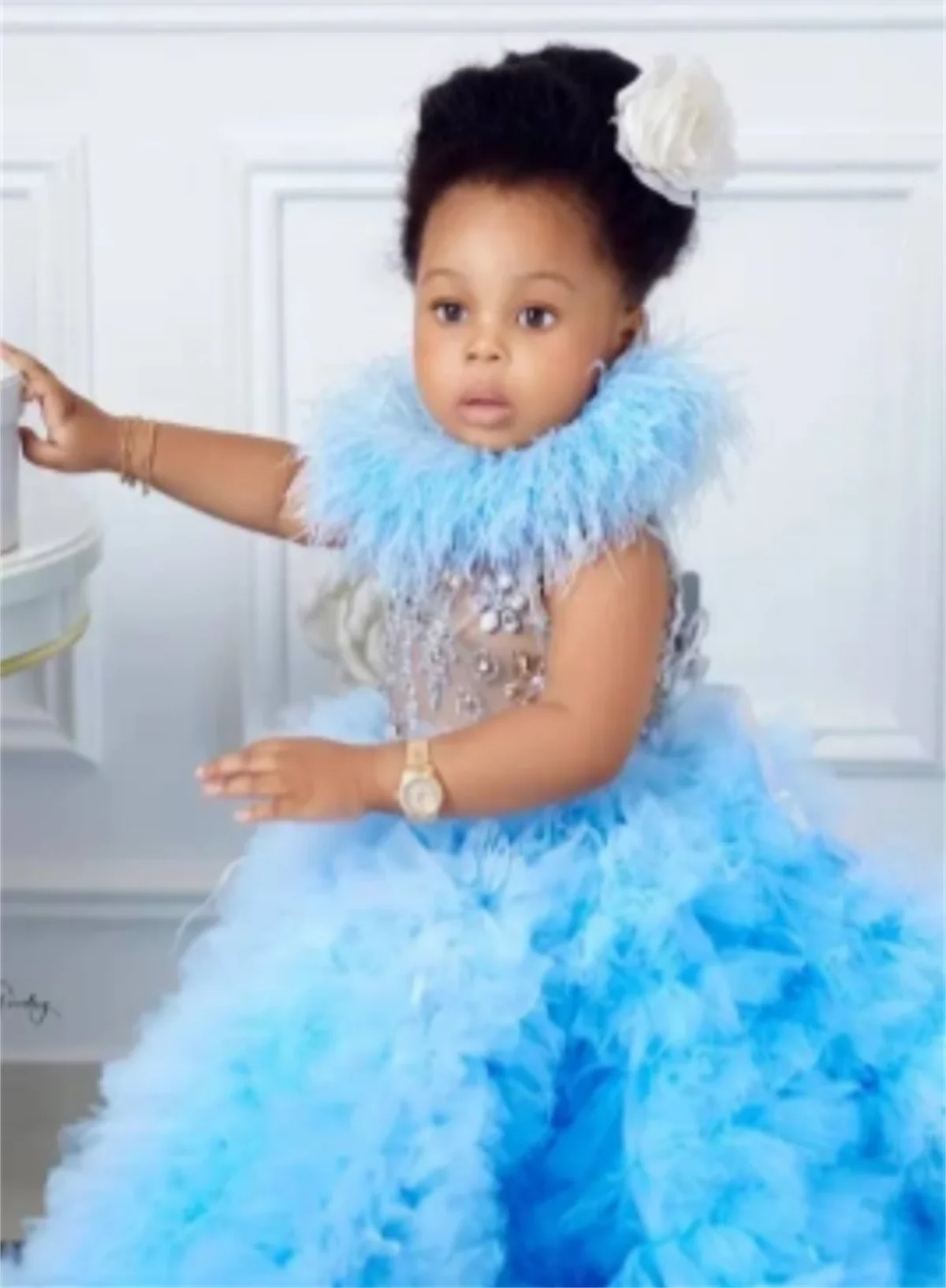 Vestido de flores para niña, traje azul sin mangas, con flecos y cuentas, elegante, para fiesta de cumpleaños