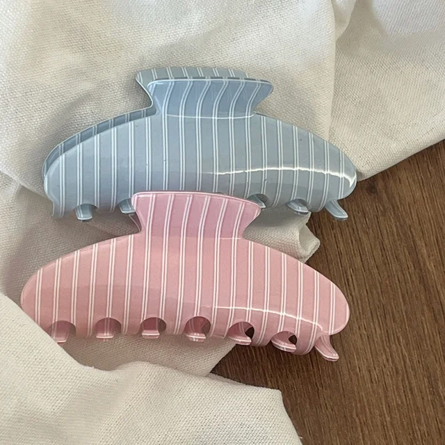 1PC Summer Thin Stripe Acetic Acid Hair Claw, Korean Ins Preppy StyleShark Clip For Medium Long Hair Gentle Daily Hair Accessory
