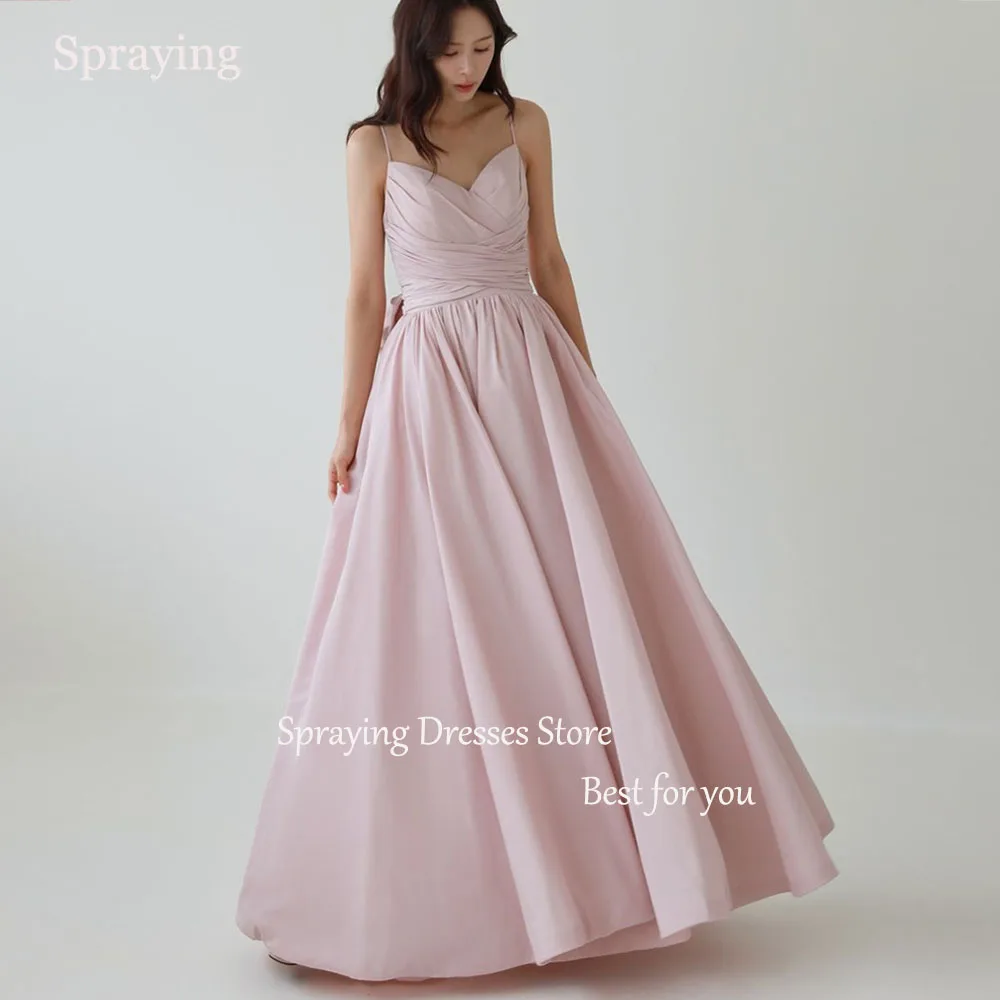 

SPRAYING Spaghetti Straps A-line Wedding Reception Dress Photo Shoot Pink V-Neck Draped Evening Dresses Lace-up Bow Bridal Gown